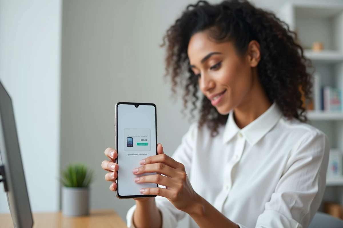 Femme activant une eSIM Maroc Telecom sur un smartphone Android Samsung dans un bureau