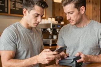 Homme utilisant la technologie NFC pour un paiement sans contact dans un café, smartphone Android en main