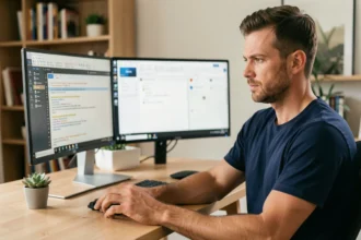 Administrateur système utilisant un logiciel de gestion à distance Specrem sur un bureau double écran