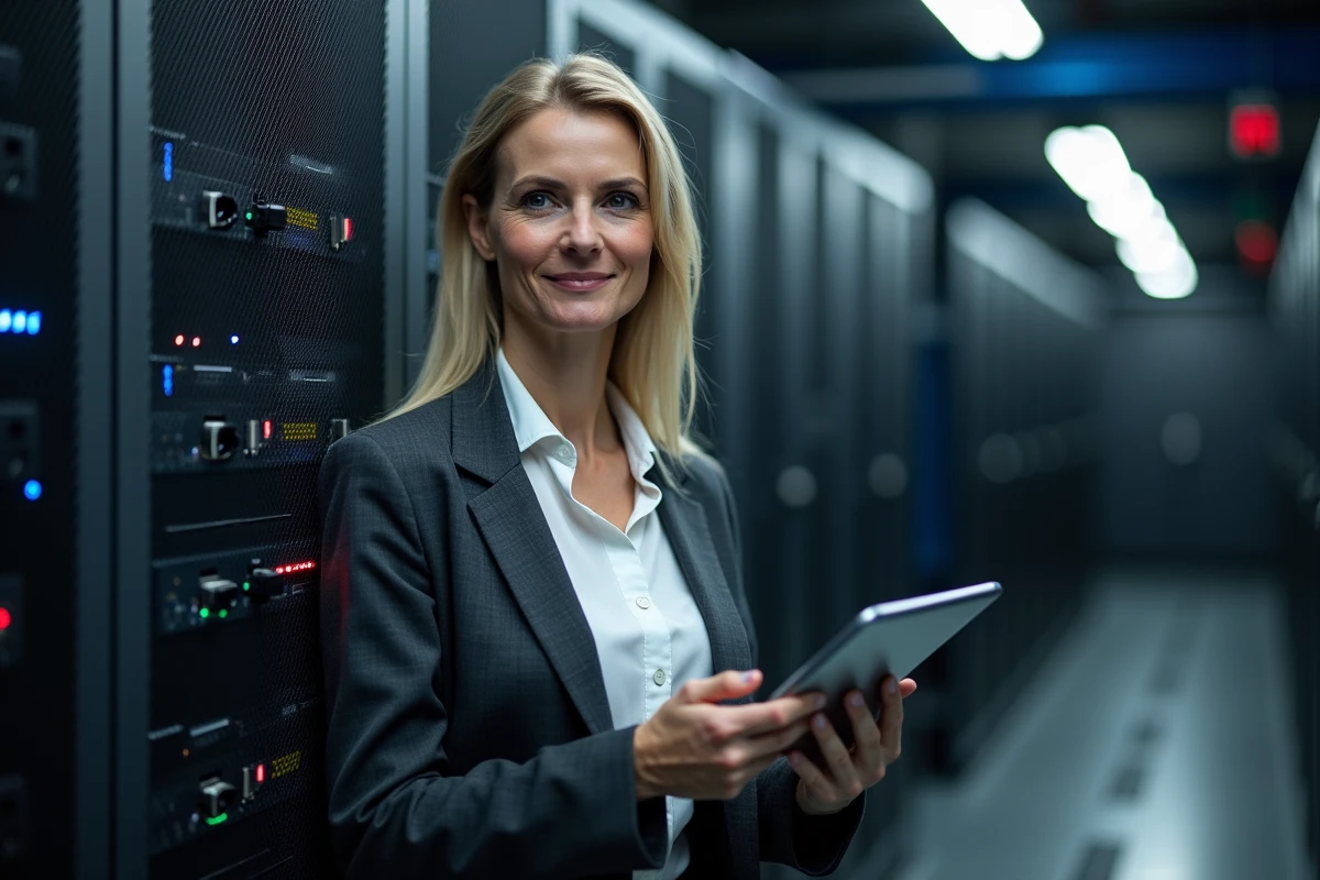 Administratrice réseau debout dans une salle de serveurs d'entreprise consultant des paramètres VPN sur une tablette