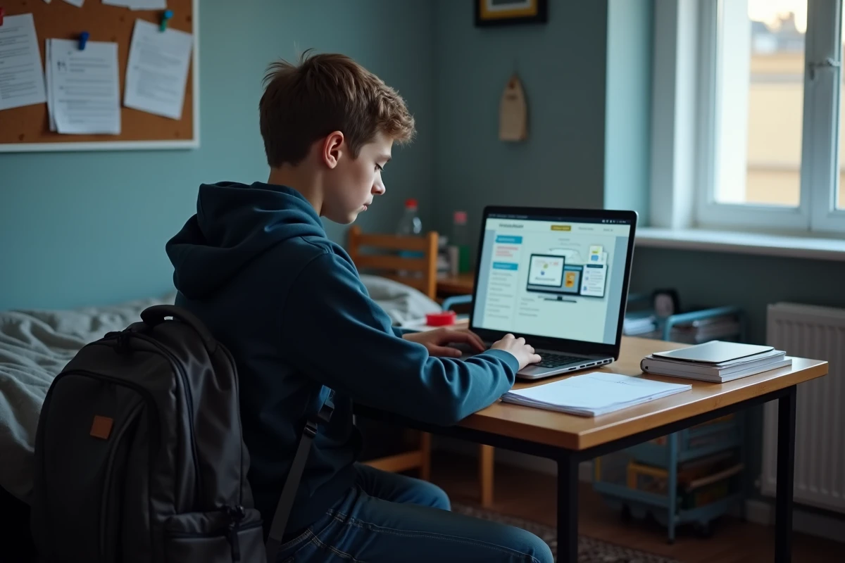 Adolescent utilisant l'application ENT77 sur ordinateur portable dans sa chambre pour accéder à l'espace numérique de travail scolaire