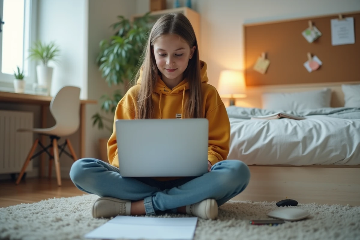 Adolescente configurant sa boite mail Orange en suivant un guide de sécurité imprimé dans sa chambre