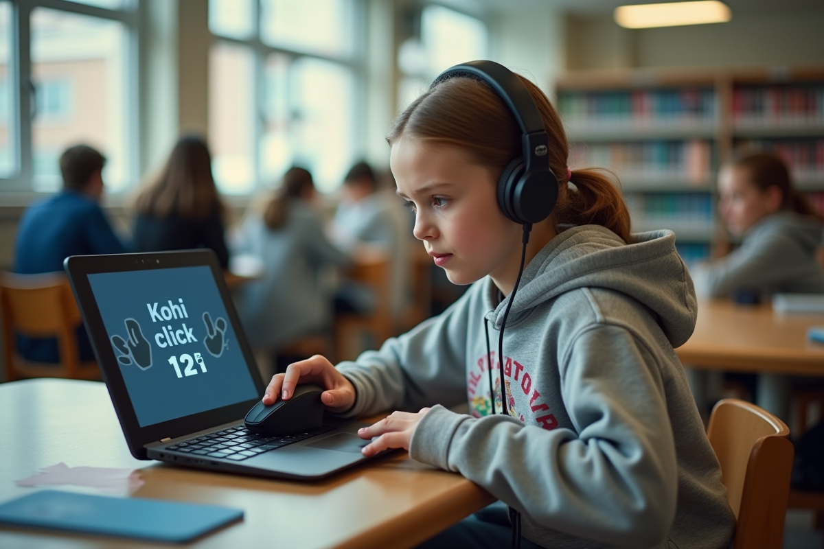 Adolescente tapant sur une souris de jeu lors d un test Kohi dans une bibliothèque
