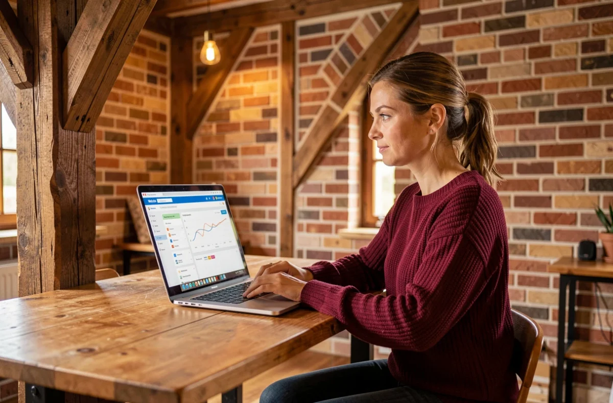 Chef de projet de l'Agence Webcomalencon travaillant sur un tableau de bord de projet web dans un bureau normand aux poutres apparentes