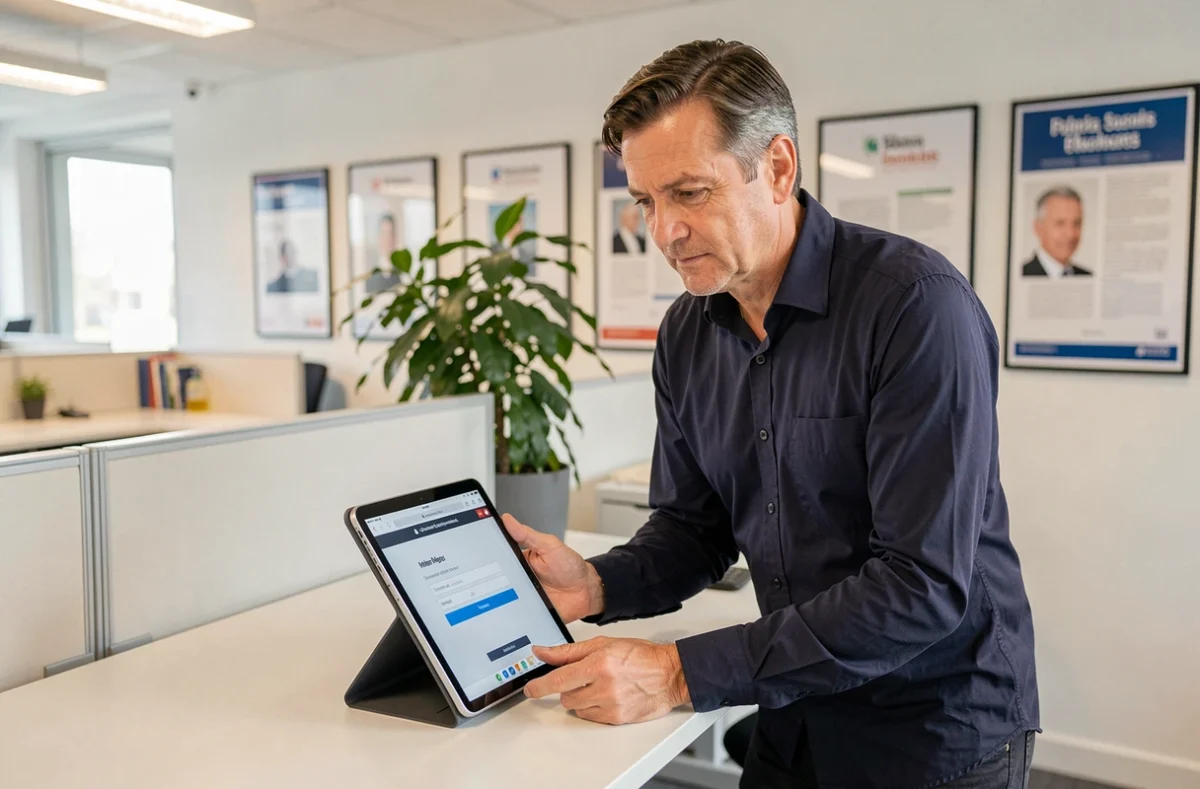 Agent public consultant l'interface de connexion Melanie2web sur une tablette numérique au bureau