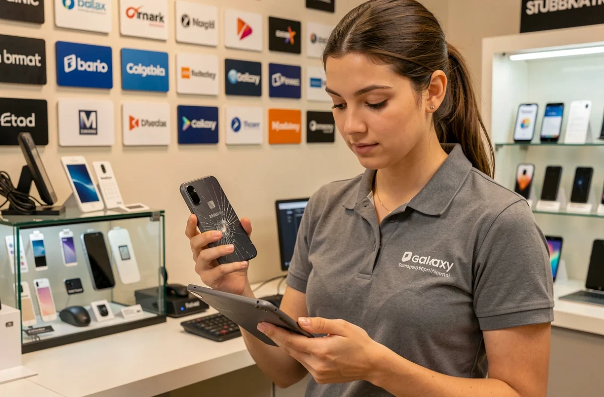 Technicienne multimarque diagnostiquant un smartphone Android dans la boutique Allô Réparations dans l'Hérault