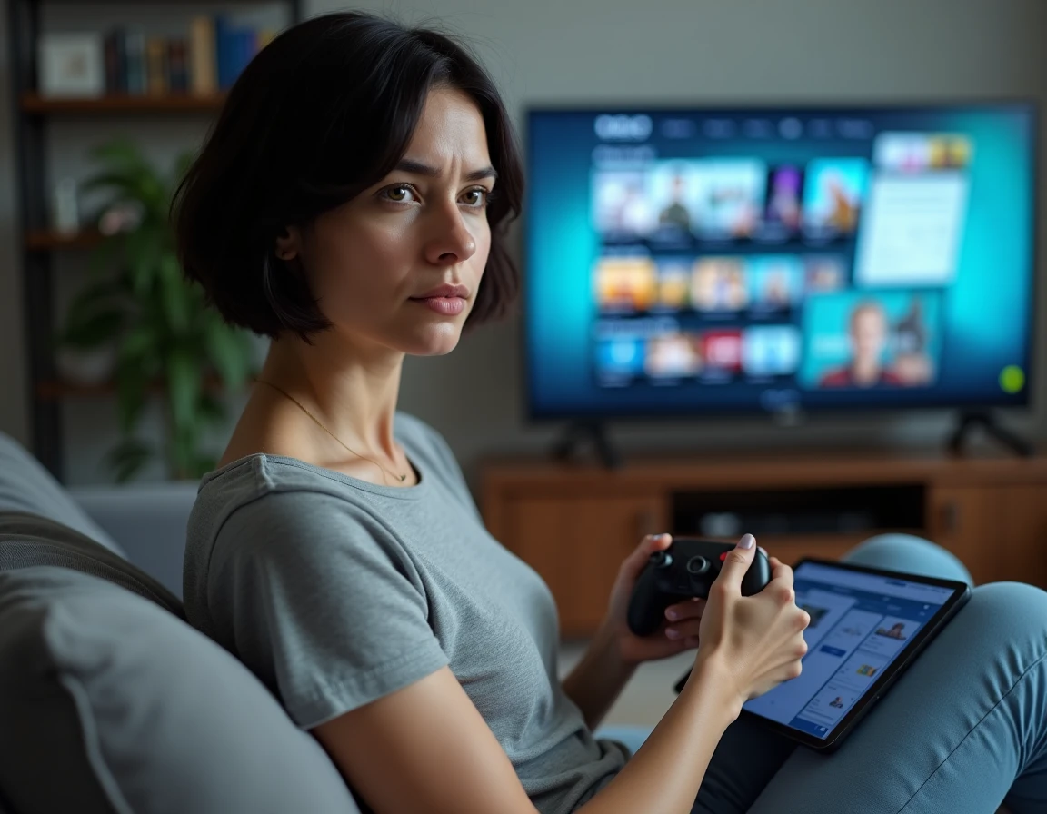 Femme évaluant des alternatives à Instant Gaming sur une tablette dans son salon avec une console de jeux à proximité