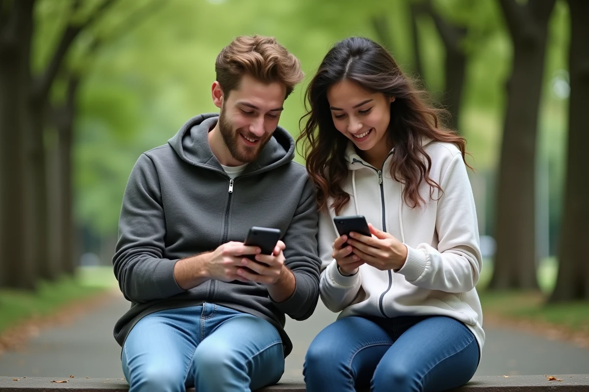 Deux amis comparant la compatibilité 5G SFR sur leurs smartphones dans un parc