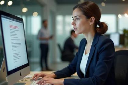 Femme en blazer marine analysant un email de phishing suspect sur son ordinateur de bureau en open space