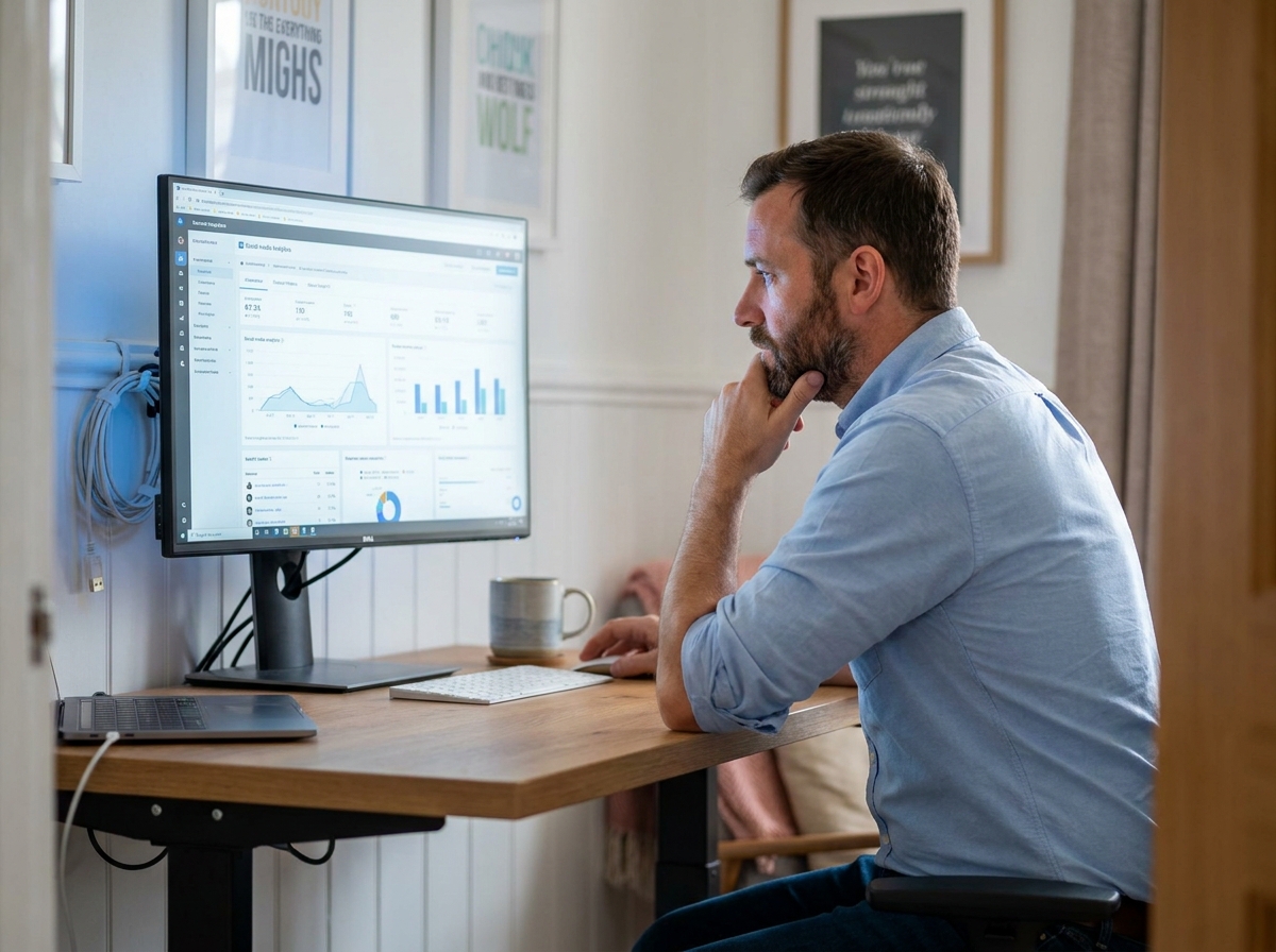 Chef de petite entreprise analysant les performances de sa stratégie sur les réseaux sociaux depuis son bureau à domicile
