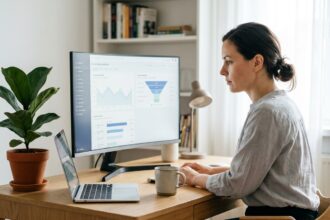 Femme analyste e-commerce examinant des données de taux de conversion sur un écran d'ordinateur dans un bureau moderne