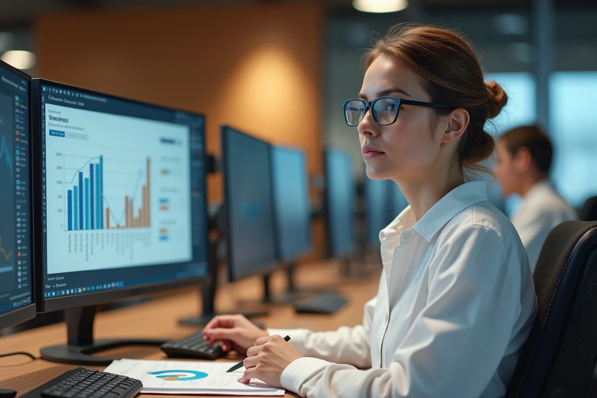 Analyste financière consultant des indicateurs BI sur double écran dans un open space professionnel moderne