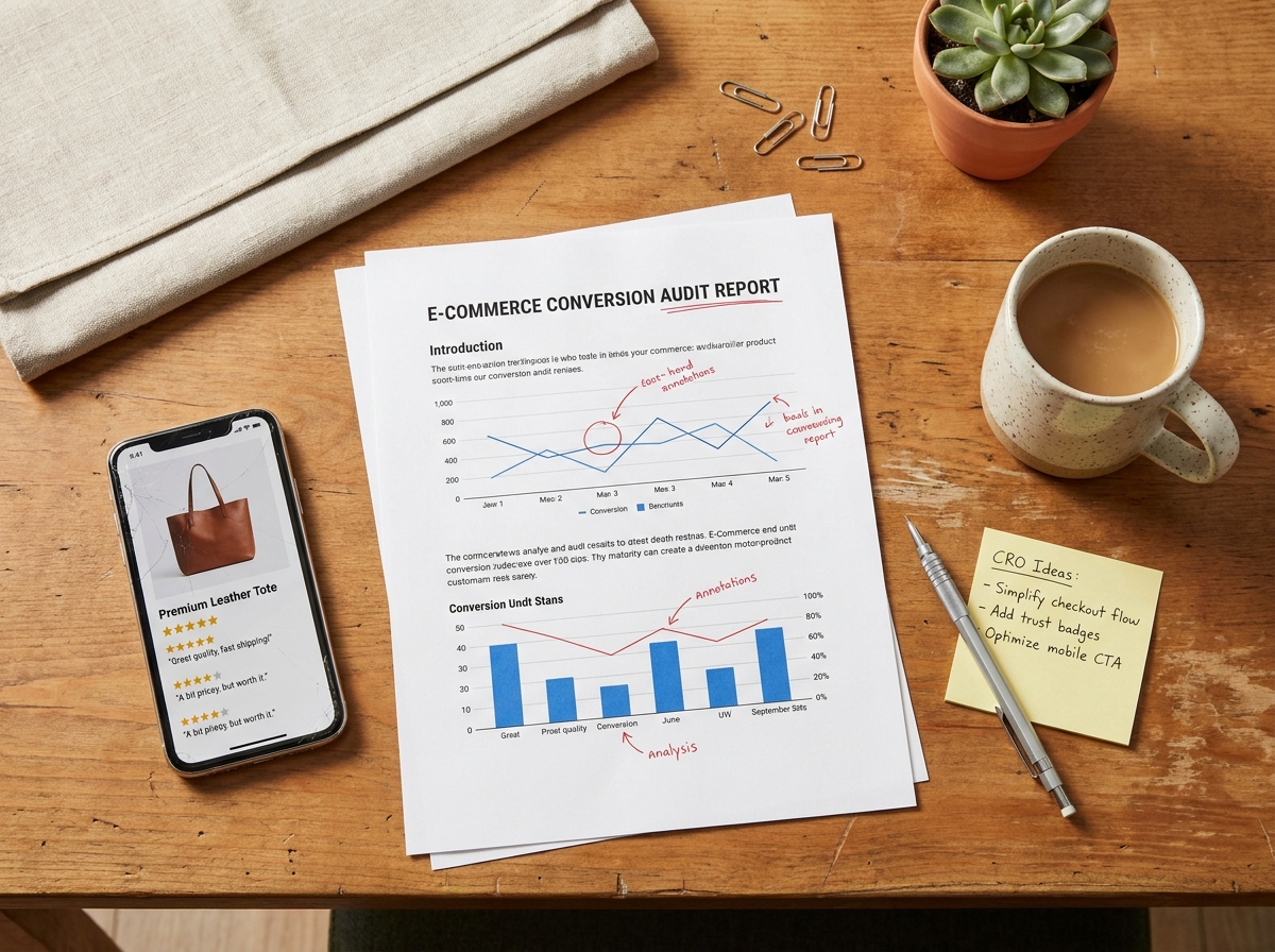 Vue à plat d'un audit CRO e-commerce avec rapport imprimé, smartphone et notes manuscrites sur un bureau en bois