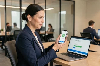 Professionnelle utilisant l'authentification à deux facteurs sur smartphone en environnement de bureau moderne