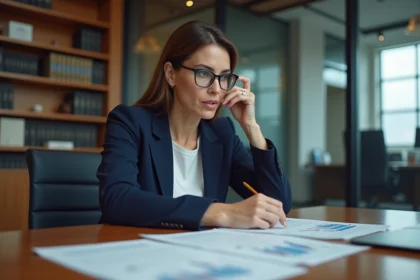 Avocate en cabinet analysant les tarifs et offres contractuelles Jurivia 2026 sur son bureau