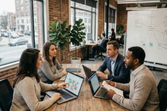 Groupe de professionnels collaborant en ligne autour d'un tableau de brainstorming numérique sur des ordinateurs portables dans un bureau moderne