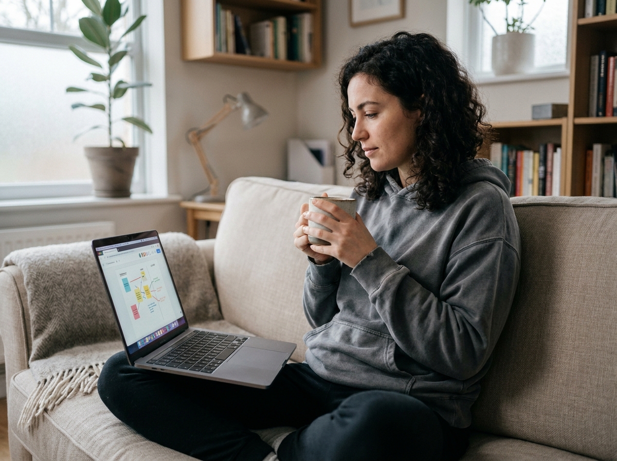 Jeune femme travaillant seule depuis chez elle sur un outil de brainstorming collaboratif en ligne sans inscription
