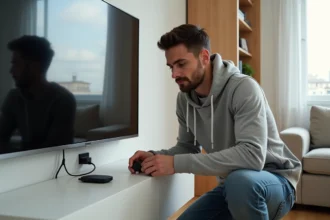 Homme branchant un Chromecast dans le port HDMI d'une télévision murale dans un salon moderne