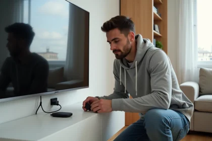 Homme branchant un Chromecast dans le port HDMI d'une télévision murale dans un salon moderne