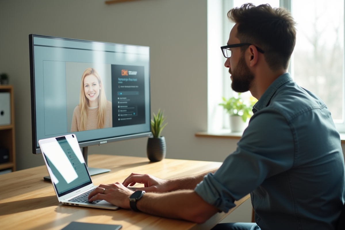 Espace de travail lumineux avec homme utilisant assistant vocal