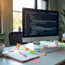 Bureau moderne avec écran affichant codes HTTP et notes SEO