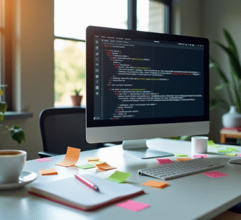 Bureau moderne avec écran affichant codes HTTP et notes SEO
