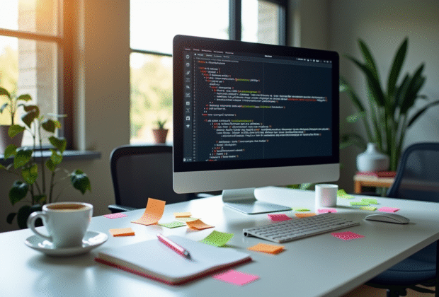 Bureau moderne avec écran affichant codes HTTP et notes SEO