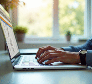 Bureau lumineux avec ordinateur affichant un tableau Excel avec liste déroulante
