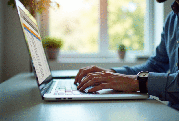 Bureau lumineux avec ordinateur affichant un tableau Excel avec liste déroulante