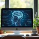 Espace de travail moderne avec écran affichant un article sur l'intelligence artificielle