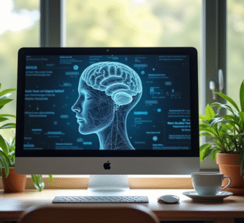 Espace de travail moderne avec écran affichant un article sur l'intelligence artificielle
