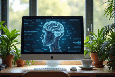 Espace de travail moderne avec écran affichant un article sur l'intelligence artificielle
