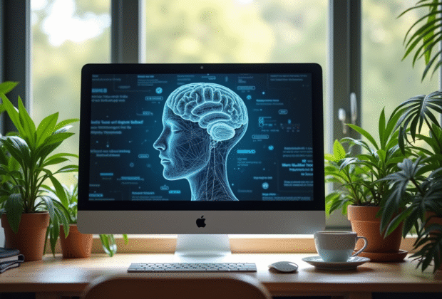 Espace de travail moderne avec écran affichant un article sur l'intelligence artificielle