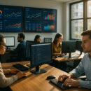 Photo d'un bureau moderne avec employés et écrans de données
