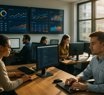 Photo d'un bureau moderne avec employés et écrans de données