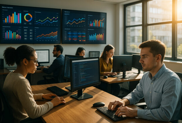 Photo d'un bureau moderne avec employés et écrans de données