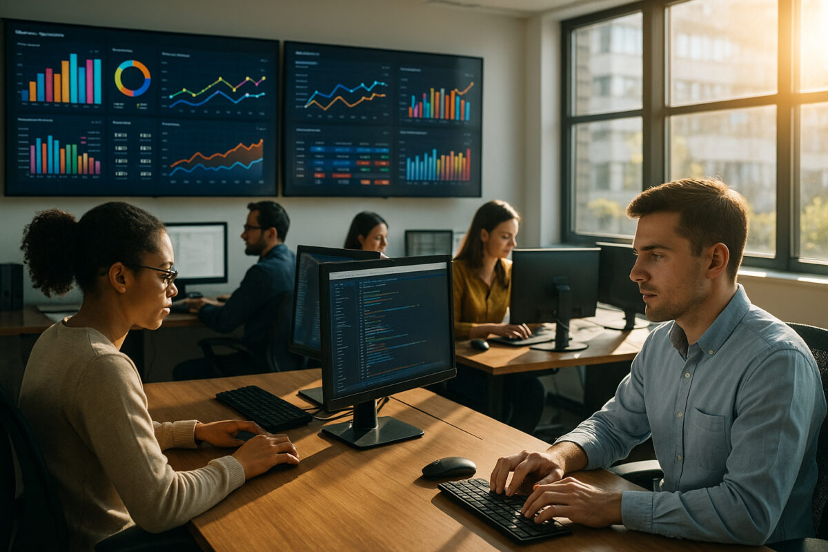 Photo d'un bureau moderne avec employés et écrans de données