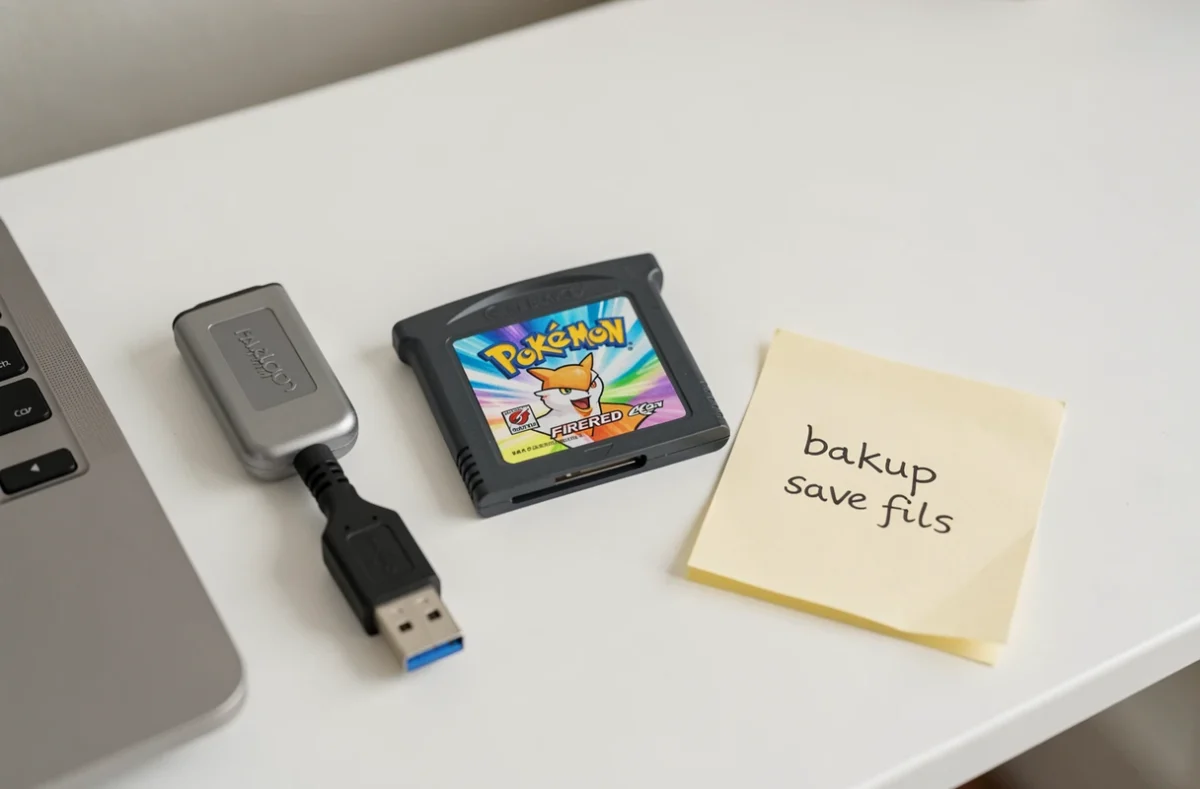Vue aérienne d'une cartouche Pokemon GBA, d'un lecteur USB et d'une note manuscrite sur un bureau blanc pour illustrer la sauvegarde et le transfert de données