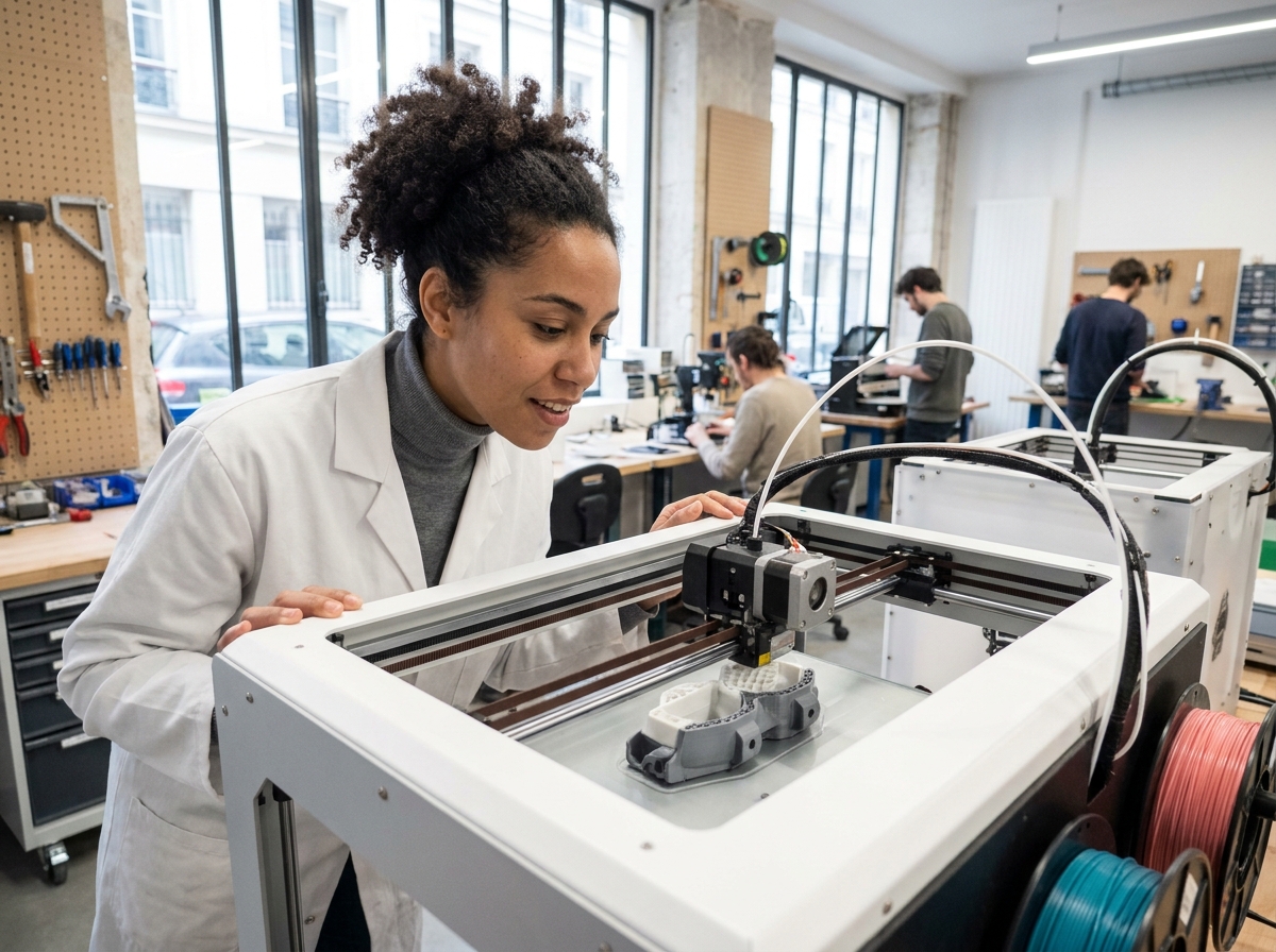 Chercheuse observant l'impression 3D d'un prototype dans un espace de fabrication collaboratif à Paris