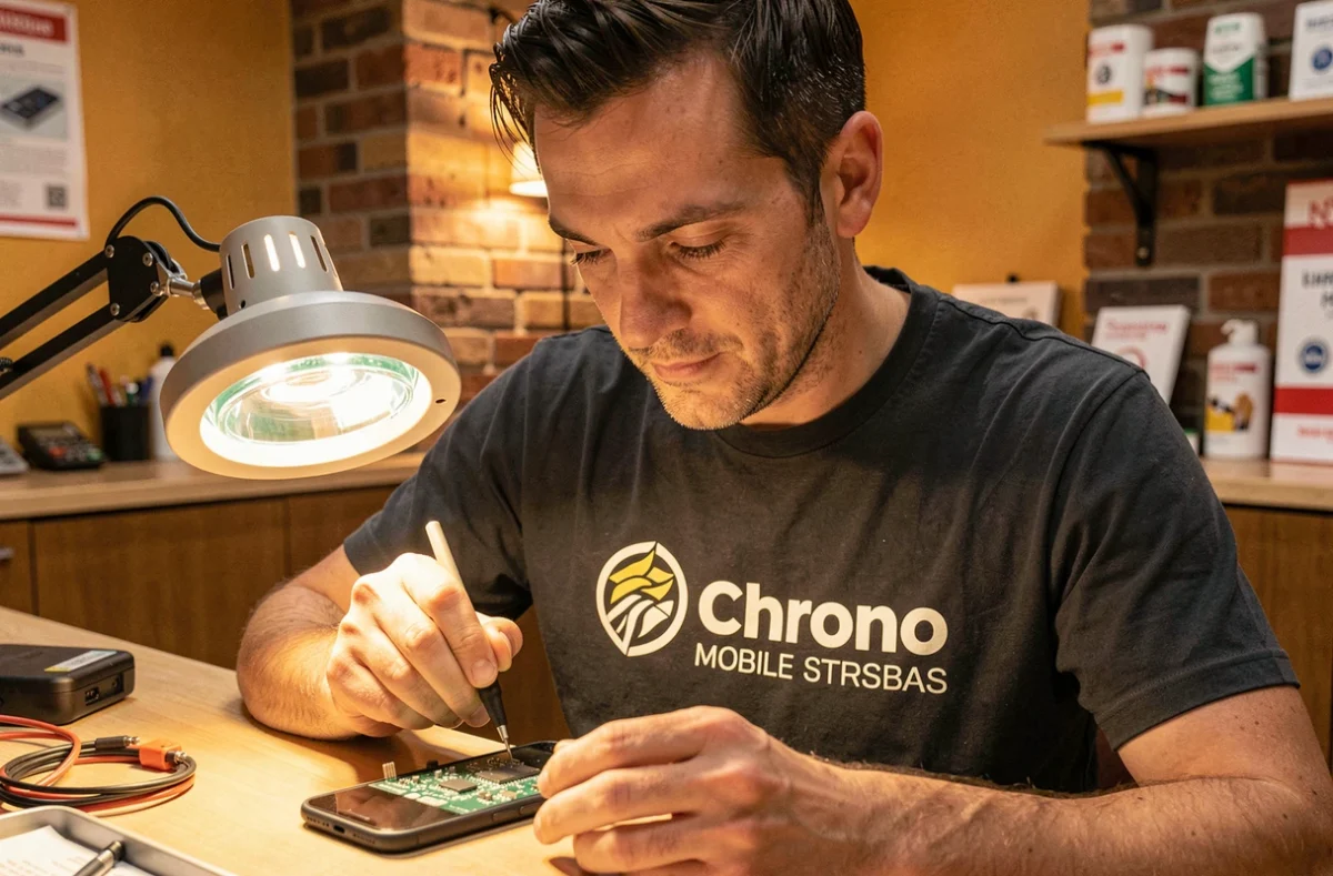 Technicien de Chrono Mobile Strasbourg soudant un composant sur une carte mère de smartphone