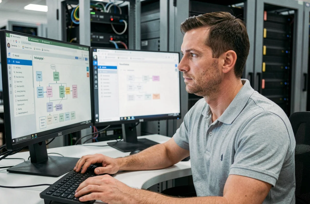 Développeur de l'agence Cins travaillant sur une interface backend complexe dans un bureau technique avec racks de serveurs en arrière-plan