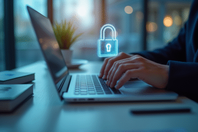 Main tapant sur un ordinateur portable avec un hologramme de verrou