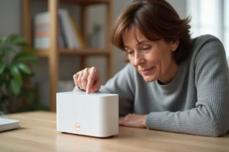 Femme consultant l'étiquette au dos d'une Livebox Orange pour trouver la clé de sécurité réseau Wi-Fi