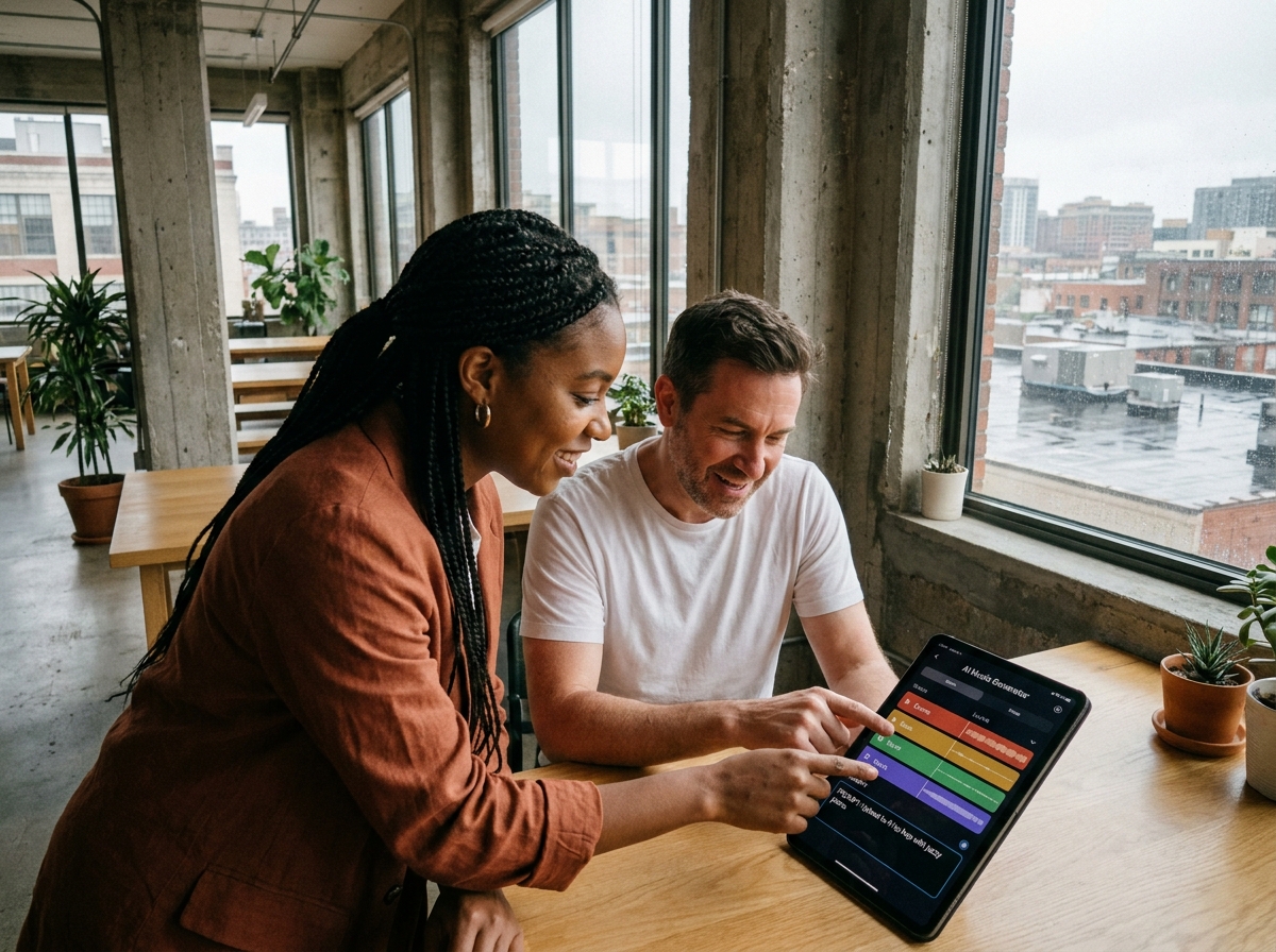 Deux créatifs collaborant sur une application d'intelligence artificielle pour composer des bandes-son dans un espace de coworking
