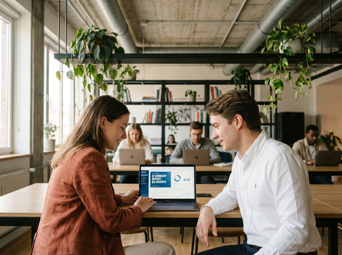 Deux collègues analysant un rapport généré par intelligence artificielle sur un ordinateur portable dans un espace de coworking moderne