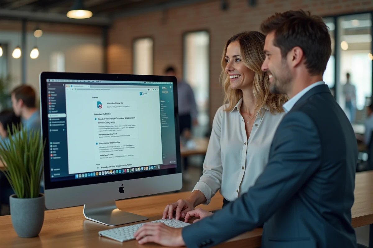 Deux collègues professionnels vérifiant un transfert de fichiers réussi sur un moniteur dans un espace de coworking
