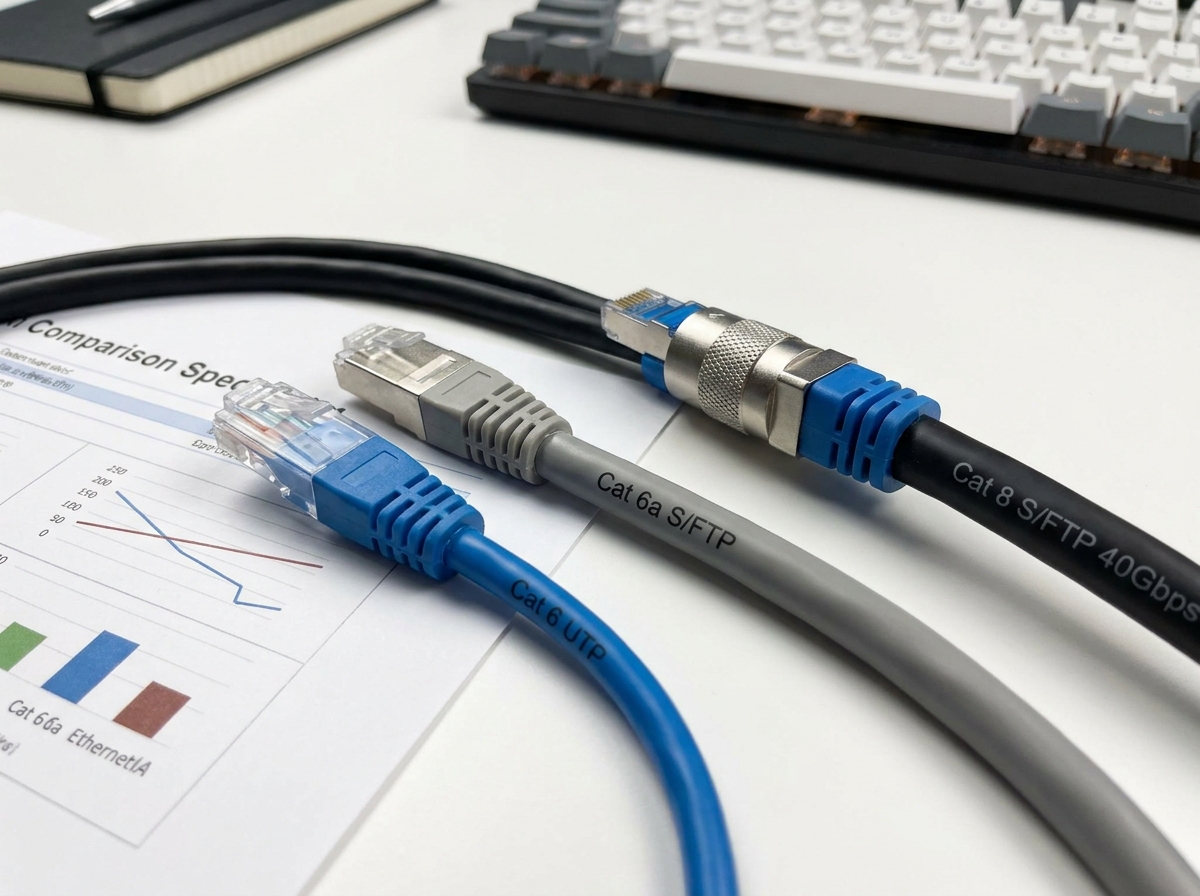 Comparaison de câbles Ethernet Cat 6, Cat 6a et Cat 8 posés sur un bureau avec fiche technique