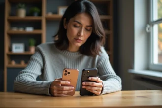 Femme comparant un iPhone 14 et un modèle récent sur un bureau en bois dans un bureau à domicile moderne