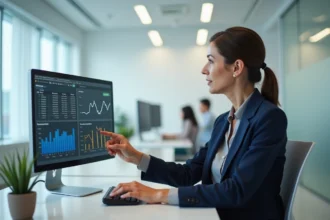 Femme professionnelle comparant les prix de solutions d'intelligence artificielle sur un écran d'ordinateur au bureau