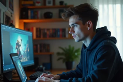 Jeune homme comparant les prix de jeux vidéo sur un site comme Instant Gaming depuis son bureau à domicile
